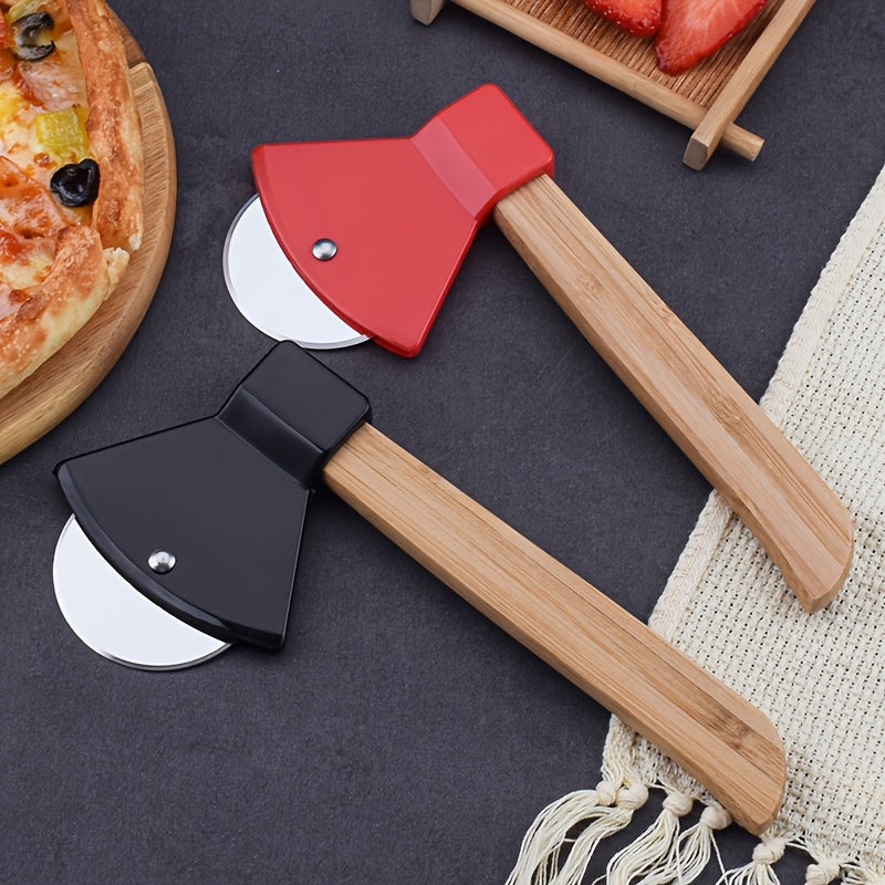 Axe Pizza Slice Cutter red and black cutters beside pizza on a dark tabletop.