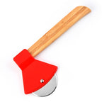 Axe Pizza Slice Cutter red cutter with a bamboo handle and circular blade on a white background.