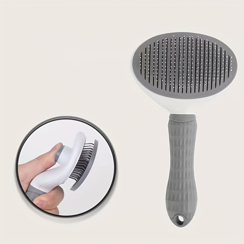 HighPeak FurPop™ Self Cleaning Pet Brush in gray with soft bristles and ergonomic handle shown with hair removal button press demonstration
