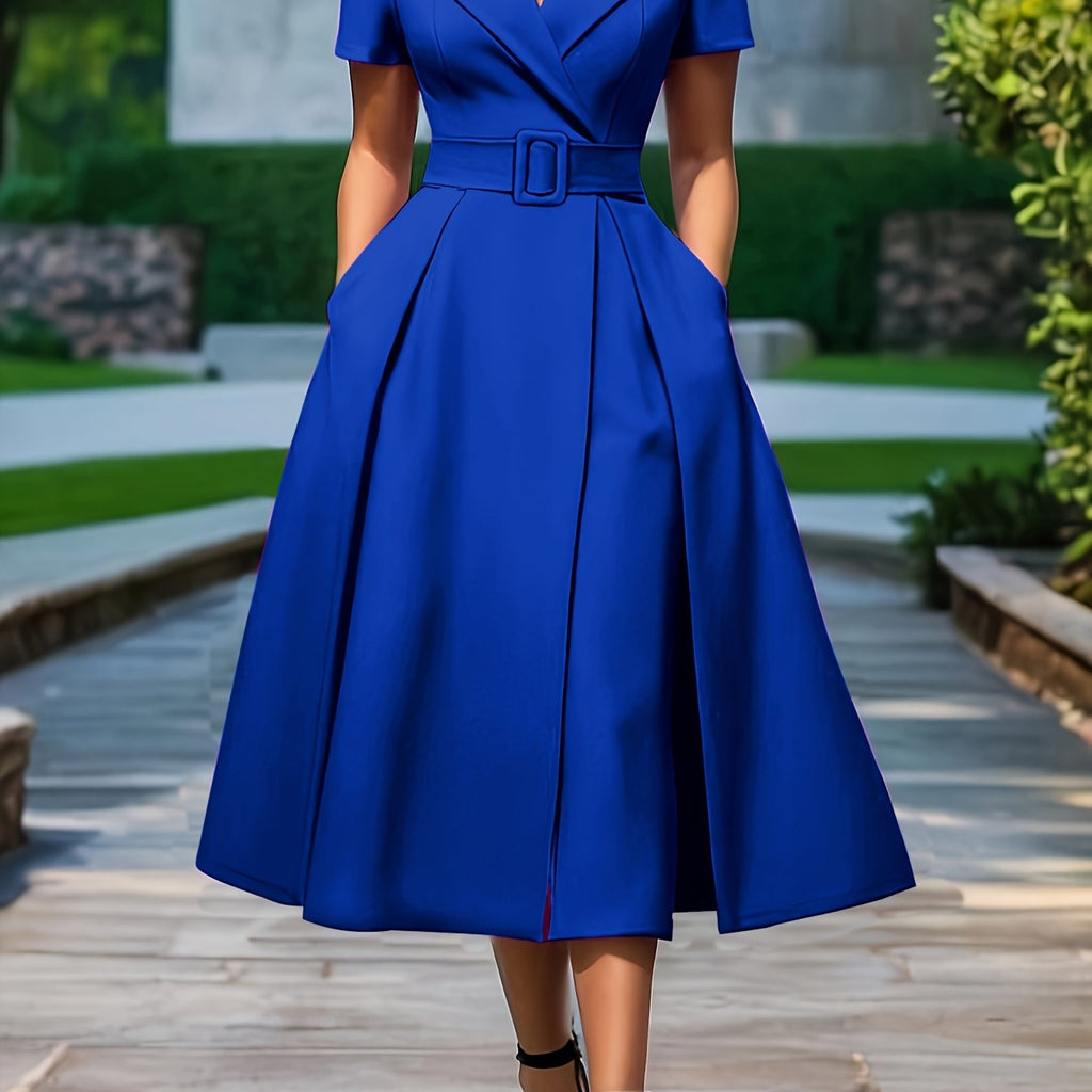 HighPeak The Verona A-Line Midi Dress in vibrant blue with built-in belt and chic collar, styled outdoors on a sunny pathway