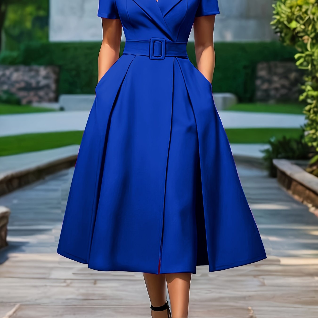 HighPeak The Verona A-Line Midi Dress in vibrant blue with built-in belt and chic collar, styled outdoors on a sunny pathway