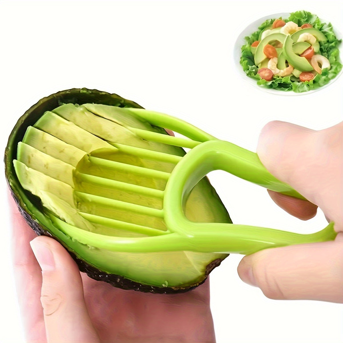 HighPeak Avocado Slicer in green slicing avocado flesh inside half peel with salad in background