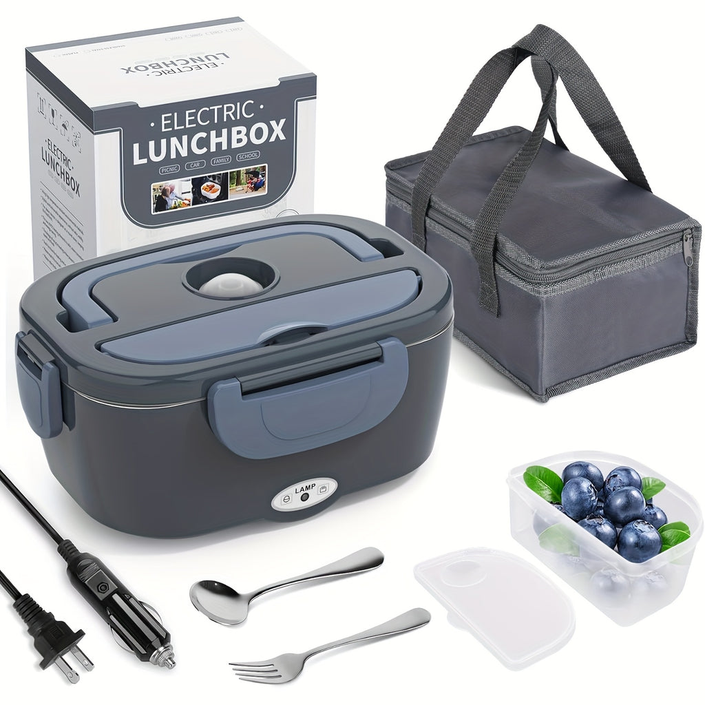 HeatMate™ Electric Lunch Box in dark gray with stainless steel tray, insulated bag, utensils, and dual power cords by HighPeak