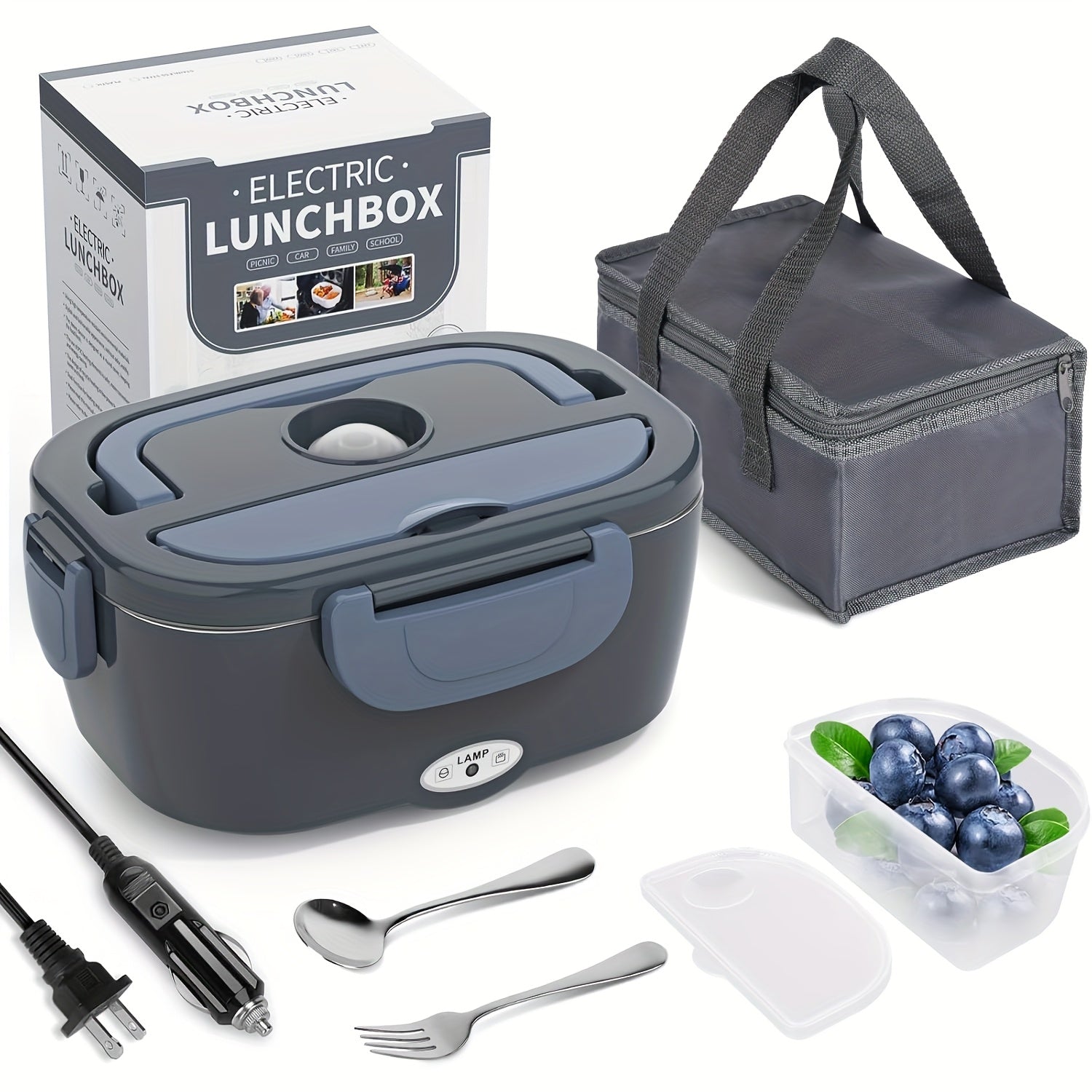 HeatMate™ Electric Lunch Box in dark gray with stainless steel tray, insulated bag, utensils, and dual power cords by HighPeak