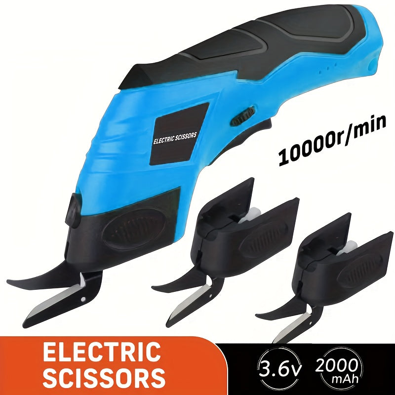 Cordless Electric Scissors in blue with black grip and three interchangeable blades for smooth cutting, featuring 2000mAh battery and 10000rpm motor