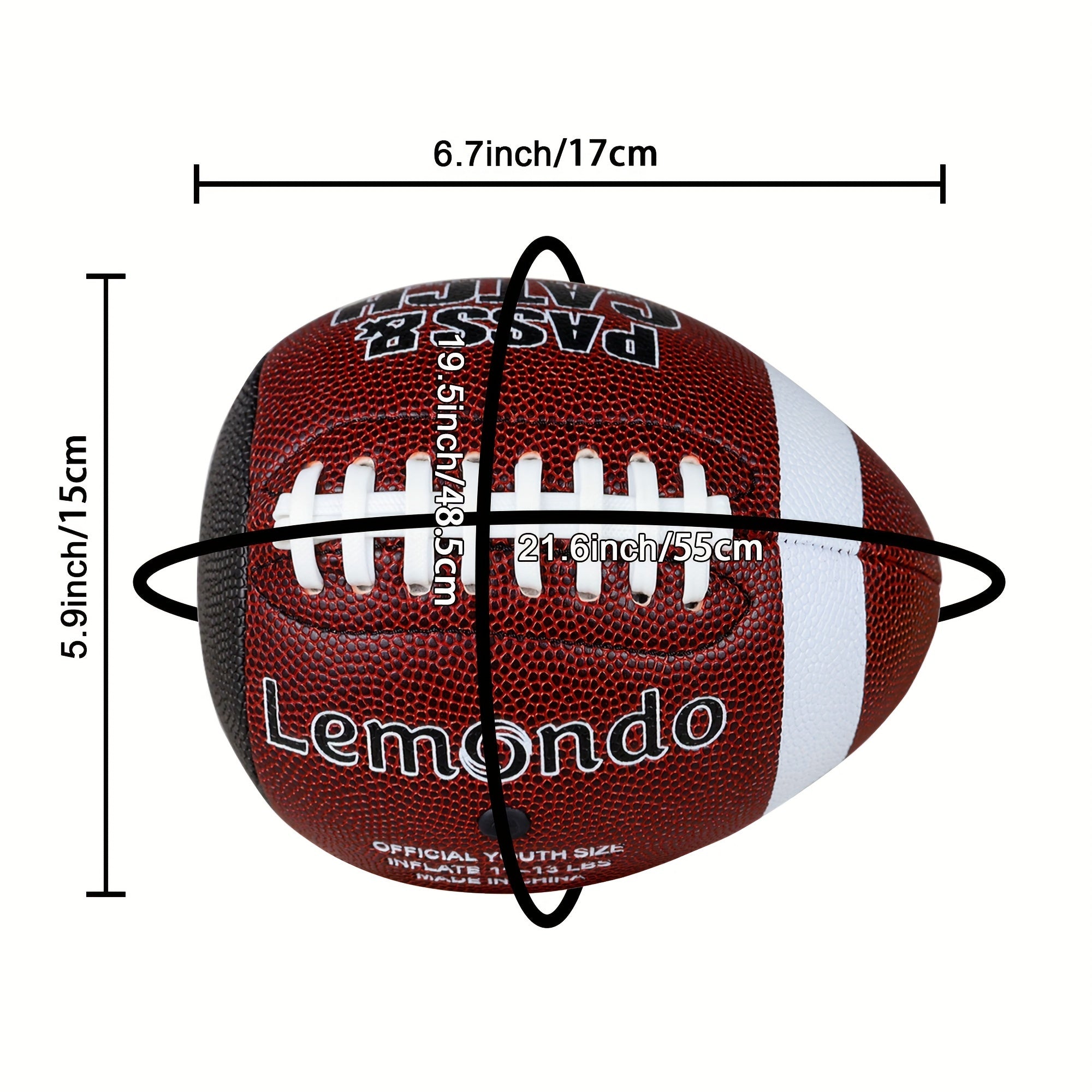 GripEgg™ Trainer – PASS & CATCH Edition football with white laces and dimensions for solo passing and catching practice.