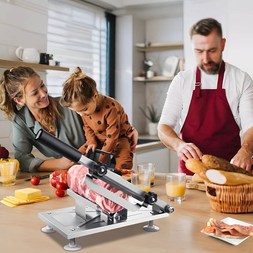 HighPeak Manual Meat Slicer with all-steel frame slicing fresh meat on a kitchen counter in family cooking scene