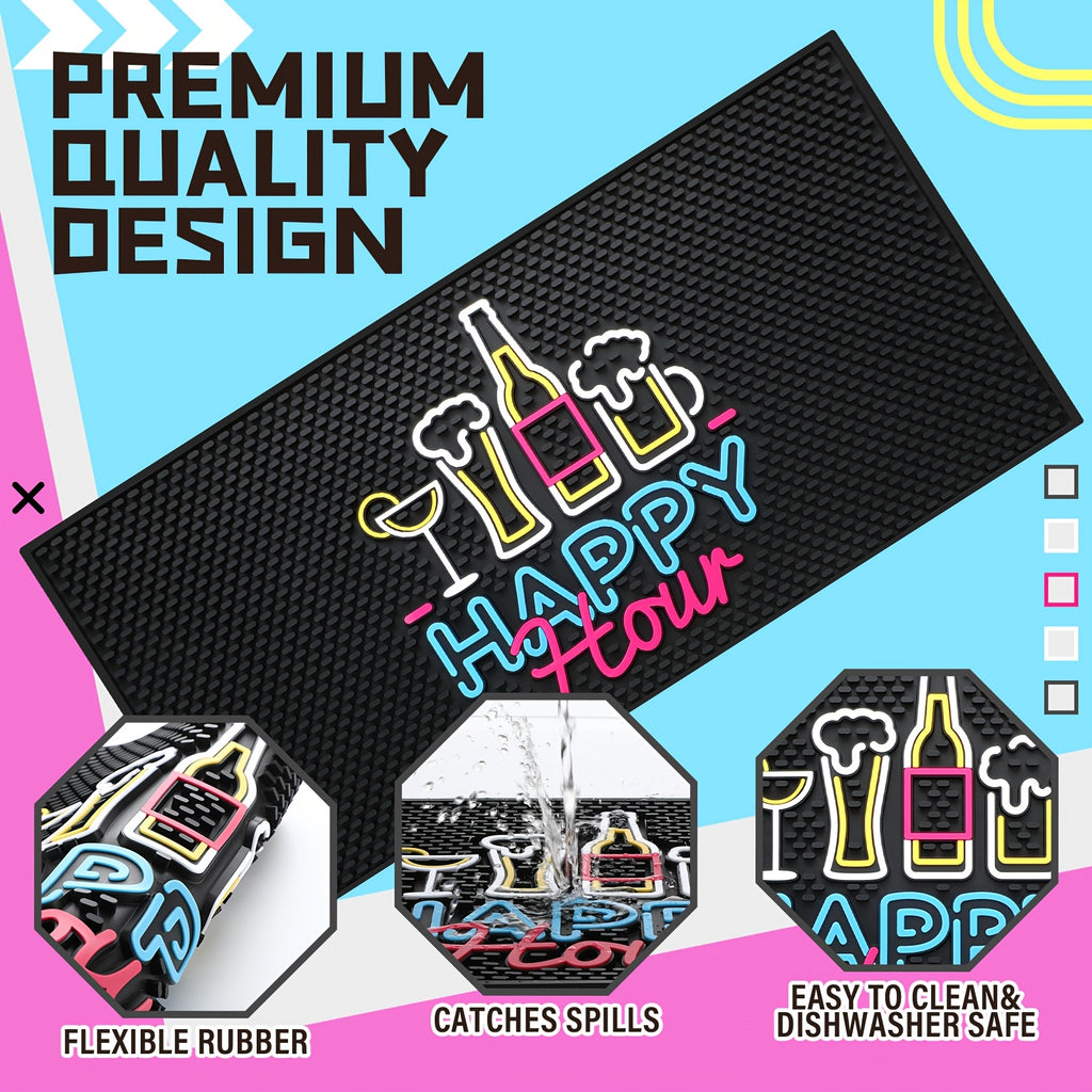 HighPeak Fluorescent Bar Mat in black with neon happy hour design, flexible rubber, spill-catching, and dishwasher safe features.