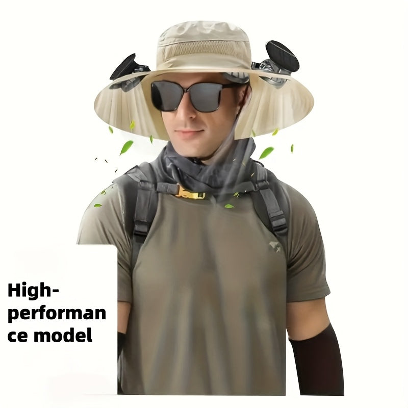 HighPeak Cooling Fan Sun Hat in beige with dual fans and mesh, worn by man hiking with sun protection and airflow features