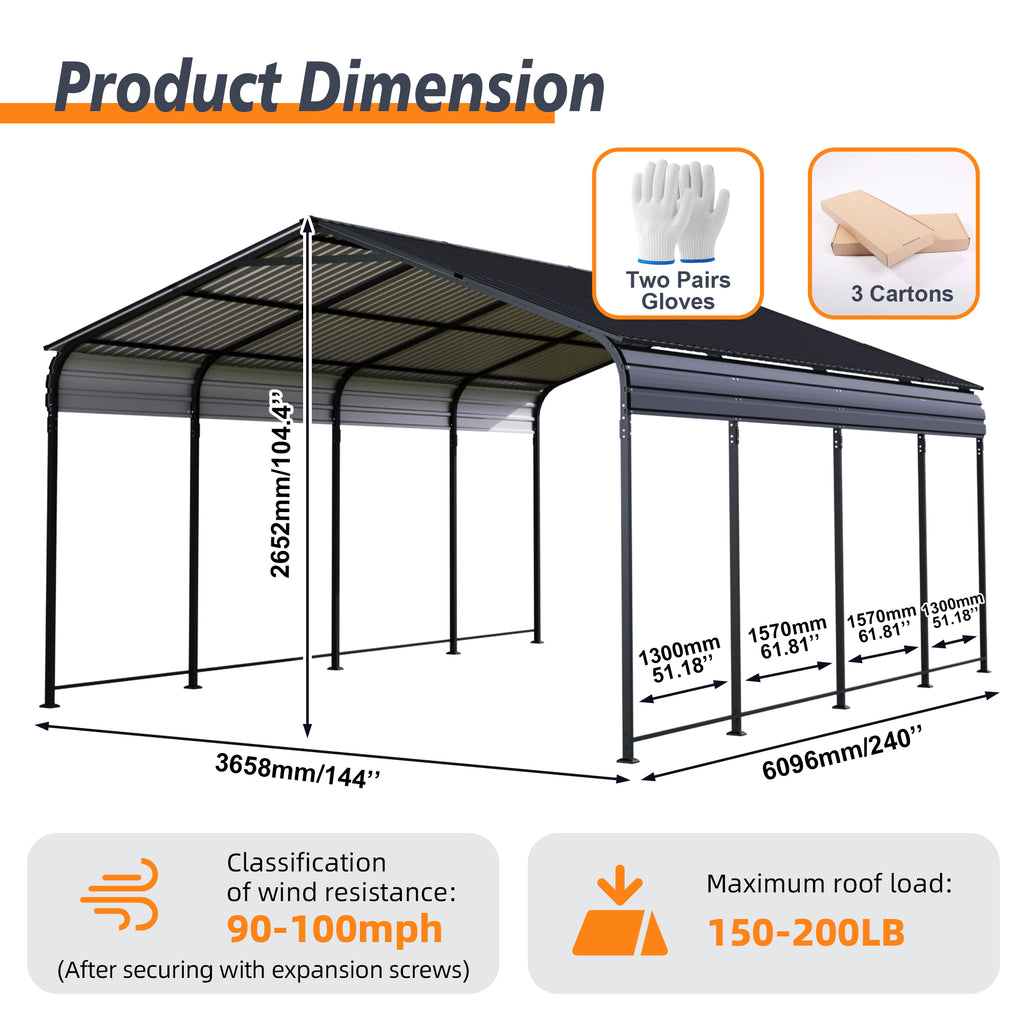 HighPeak Metal Carport in black with galvanized steel roof, 12x20 ft size and wind-resistant frame for vehicle protection outdoors