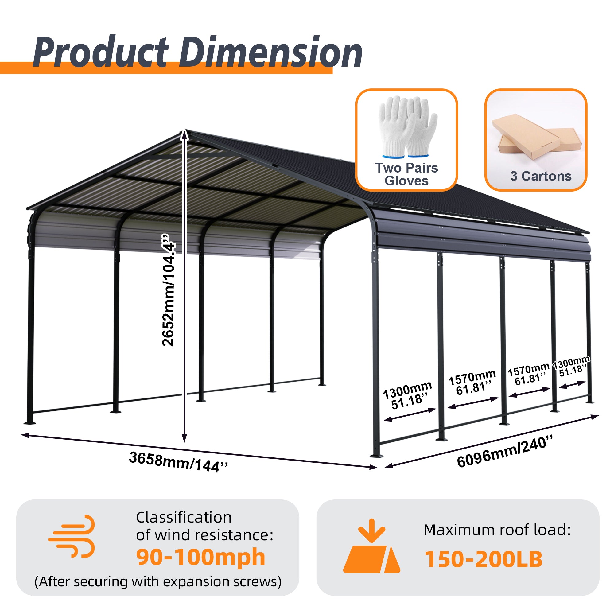 HighPeak Metal Carport in black with galvanized steel roof, 12x20 ft size and wind-resistant frame for vehicle protection outdoors