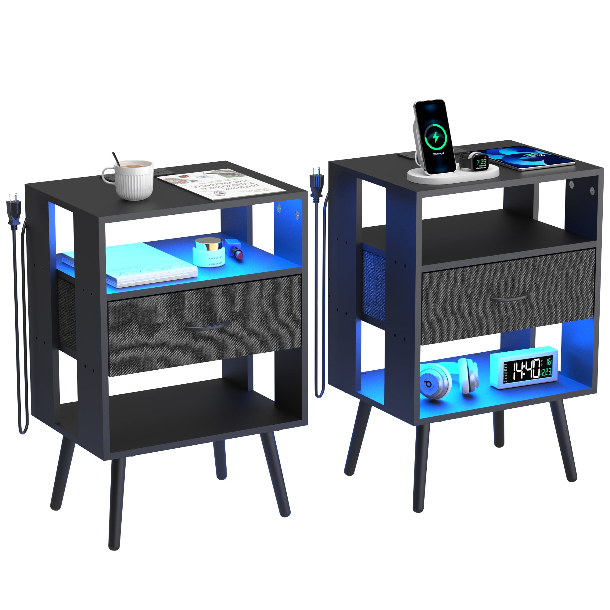 HighPeak Custom LED Nightstands set of 2 in black with adjustable blue LED glow and USB charging ports