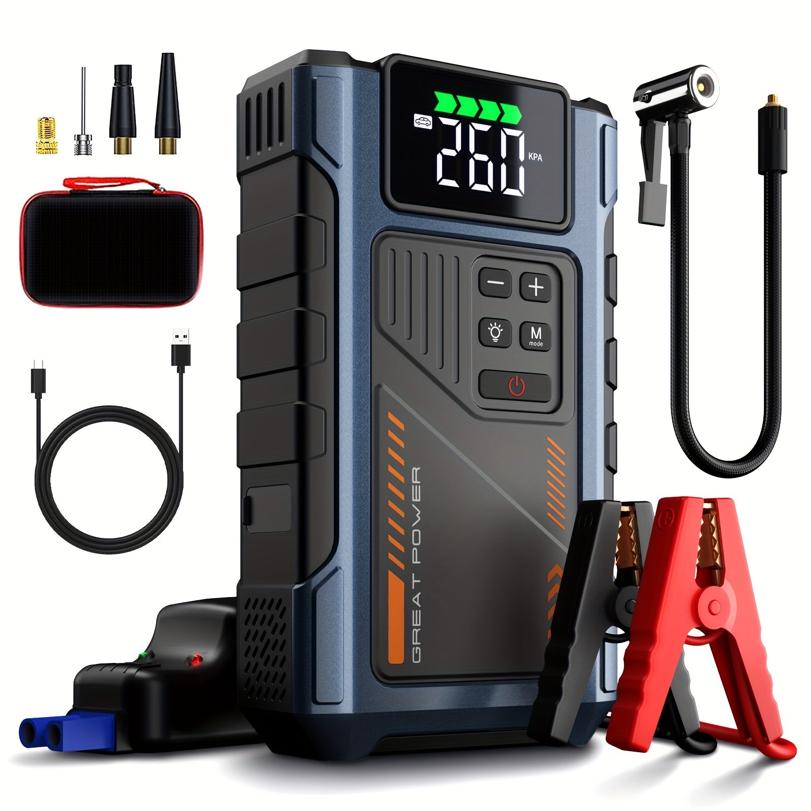 RoadRevive™ jump starter kit in black and blue with digital display, jumper cables, air compressor hose, and carrying case