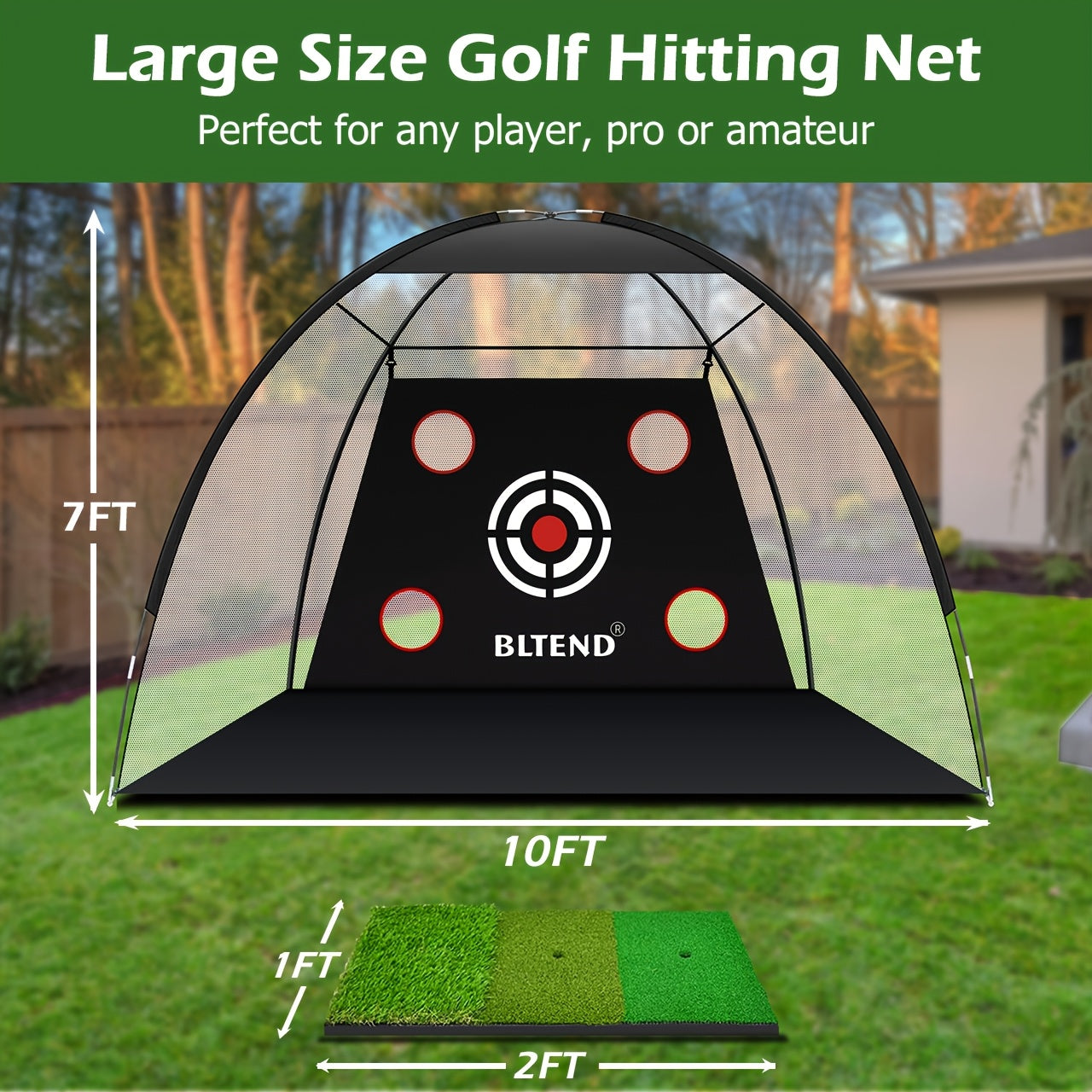 ProSwing Golf Net in black with target zones set up outdoors on grass, showing 10x7ft hitting area and included hitting mat.