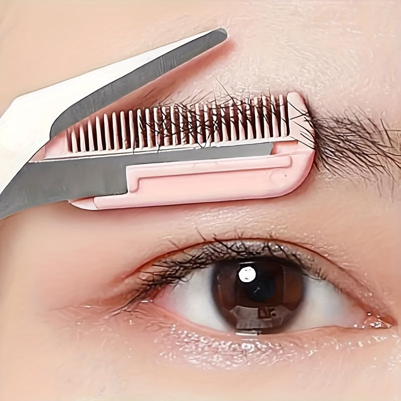 HighPeak BrowCraft™ eyebrow trimming scissors with built-in comb trimming eyebrow hairs close-up on skin