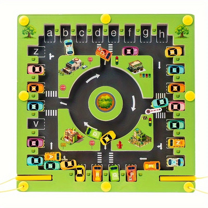 HighPeak MazeDrive™ magnetic parking puzzle with colorful toy cars on a green road board teaching letters and logic.
