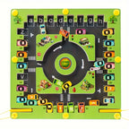 HighPeak MazeDrive™ magnetic parking puzzle with colorful toy cars on a green road board teaching letters and logic.