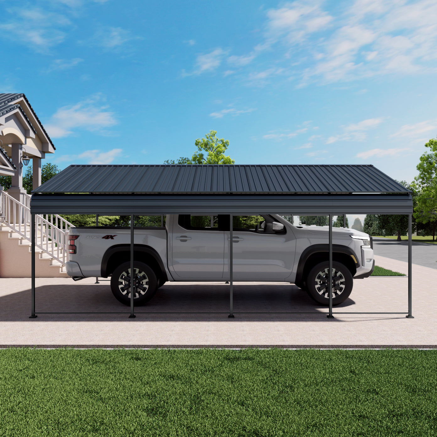 HighPeak Metal Carport in black with galvanized steel roof protecting a silver truck in a driveway under clear skies