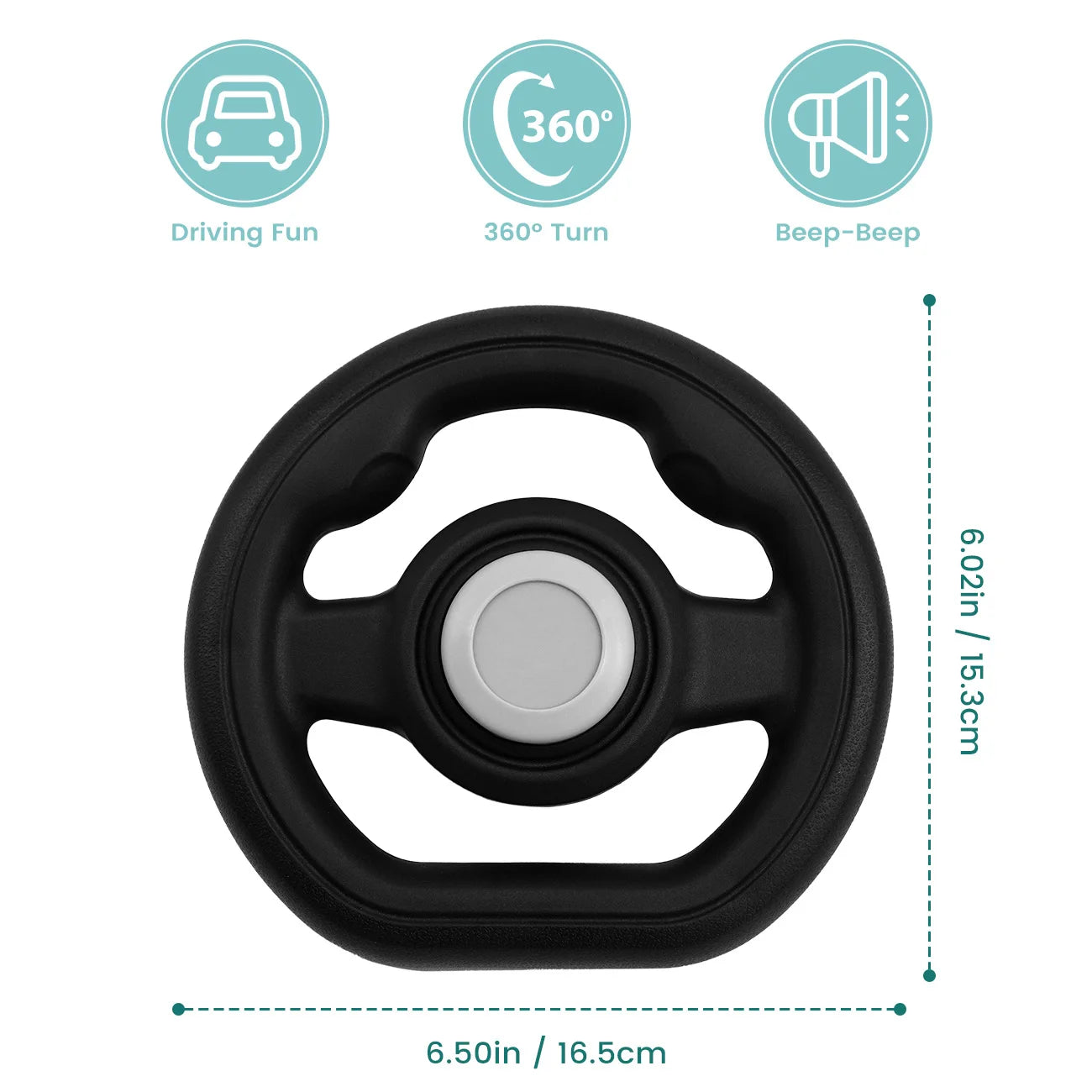 Baby Stroller Steering Wheel size diagram showing 6.50 by 6.02 inches, or 16.5 by 15.3 cm