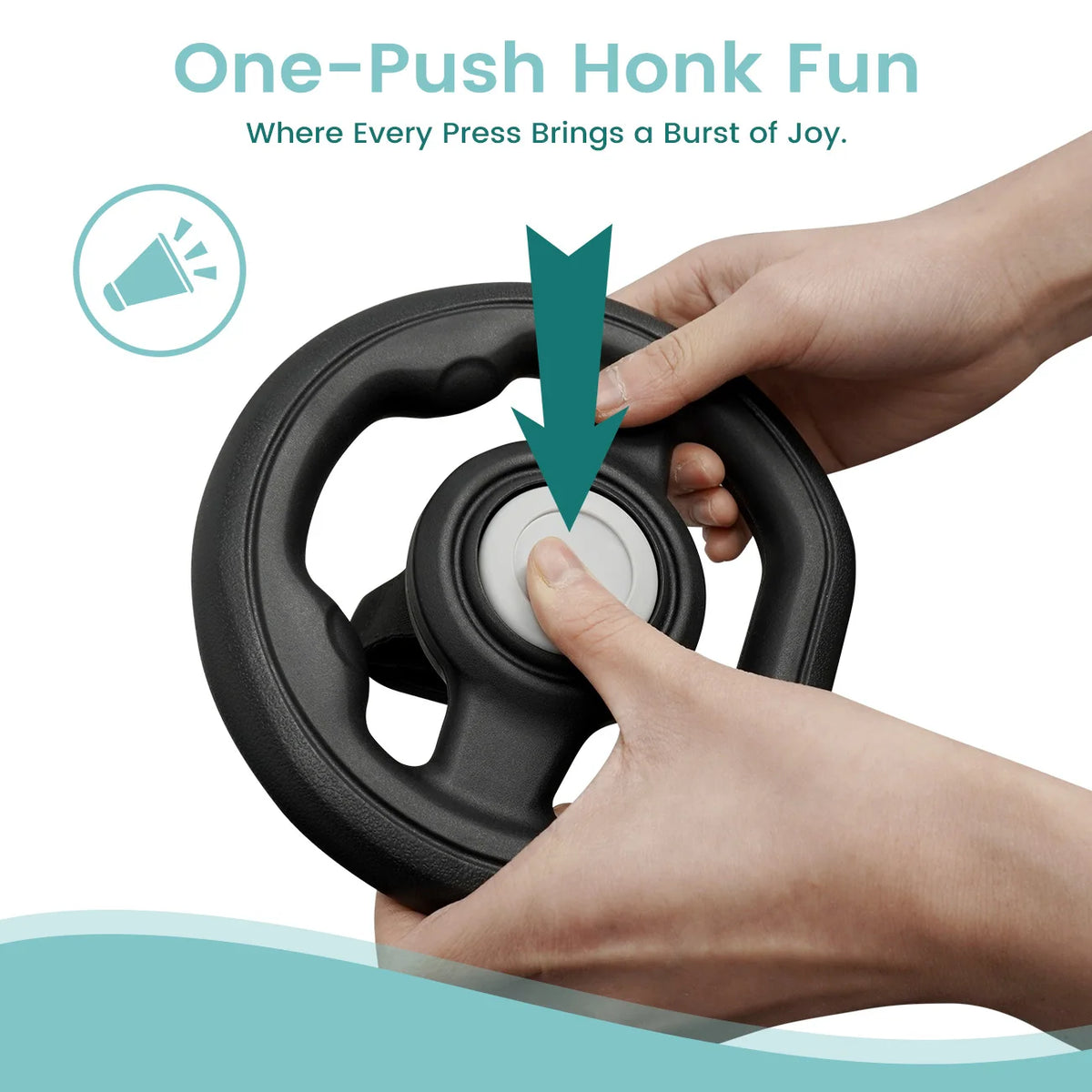 Baby Stroller Steering Wheel close-up showing a hand pressing the gray center horn button