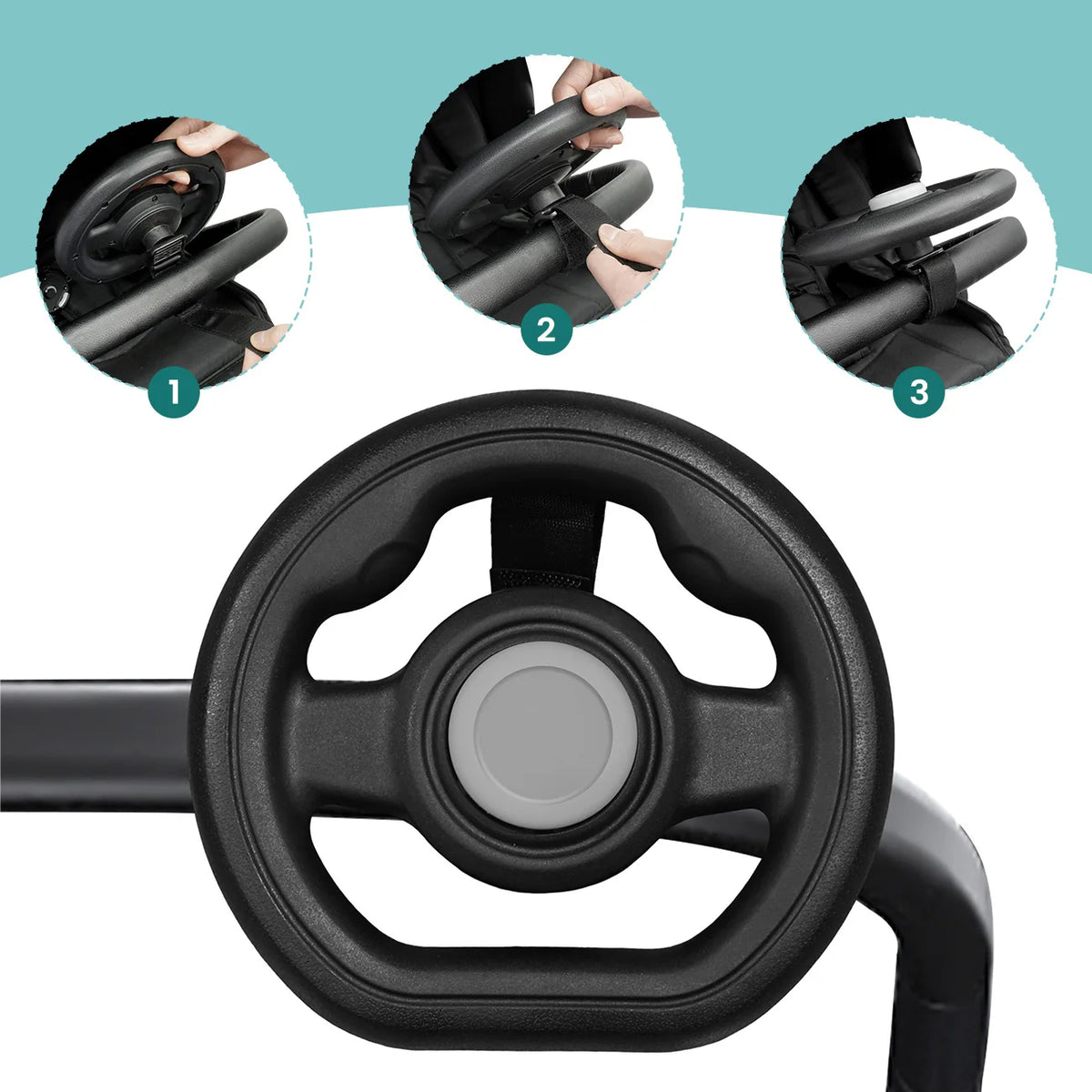 Baby Stroller Steering Wheel three-step strap installation guide on a stroller bumper bar