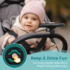 Baby Stroller Steering Wheel ride feature graphic showing a baby and the mounted black wheel