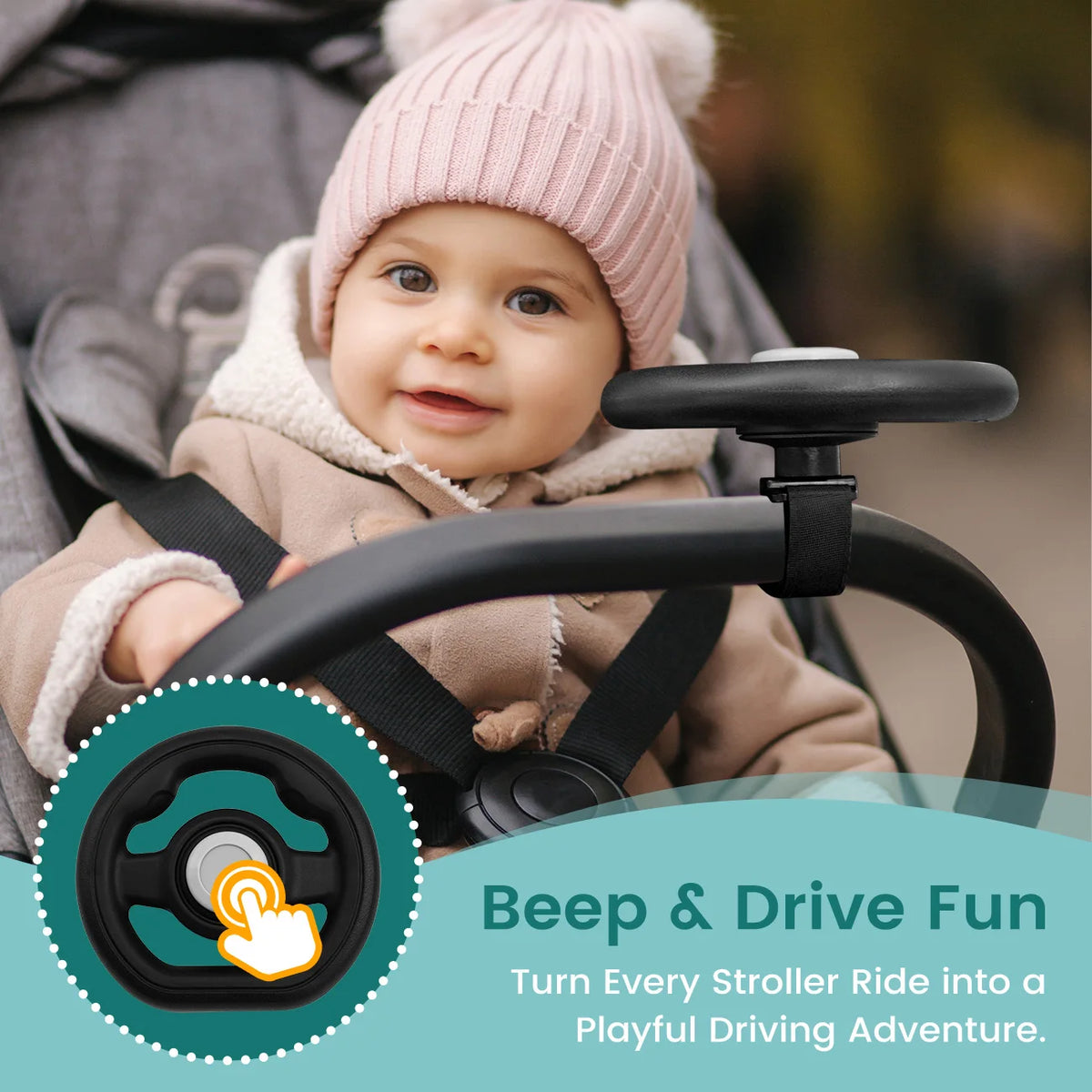 Baby Stroller Steering Wheel ride feature graphic showing a baby and the mounted black wheel