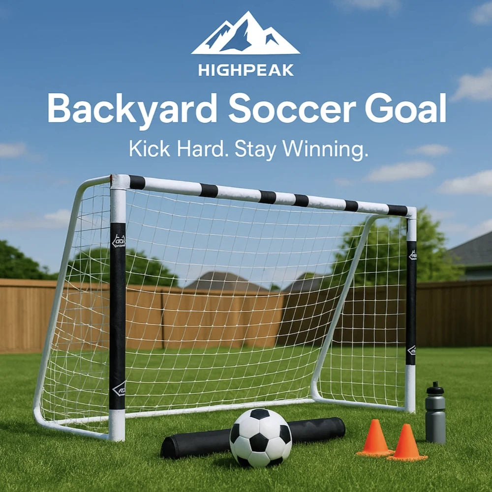 HighPeak Backyard Soccer Goal with weatherproof steel frame, durable net, and training cones set on green backyard grass.