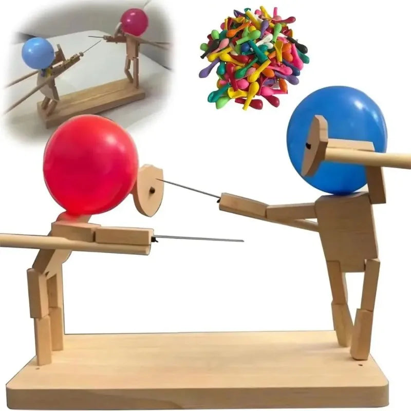 Balloon Fencing Battle Game with two wooden fighters, red and blue balloons, and assorted spare balloons.