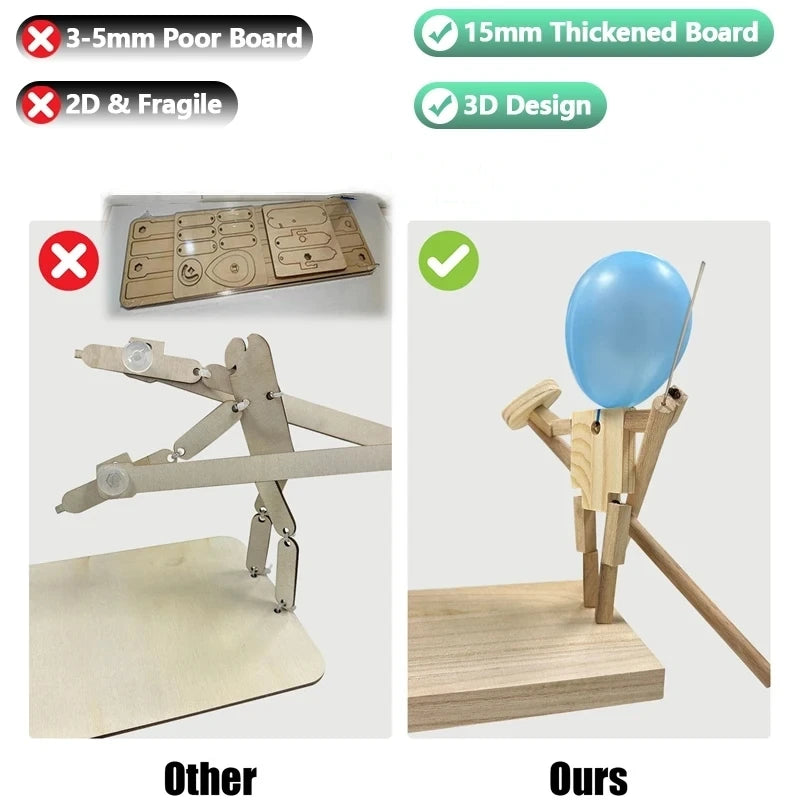 Balloon Fencing Battle Game supplier comparison of flat wooden pieces and the thicker three-dimensional fighter.