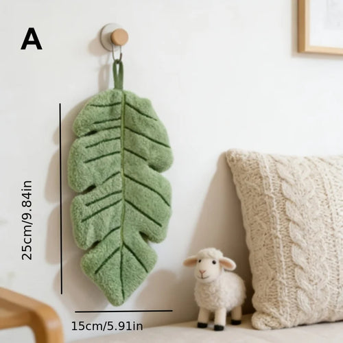 Banana Leaf Hand Towels size guide showing one green towel at 9.84 x 5.91 inches