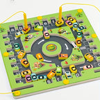 HighPeak MazeDrive™ magnetic parking puzzle board in green with colorful cars and dual stylus controls teaching letters and logic.