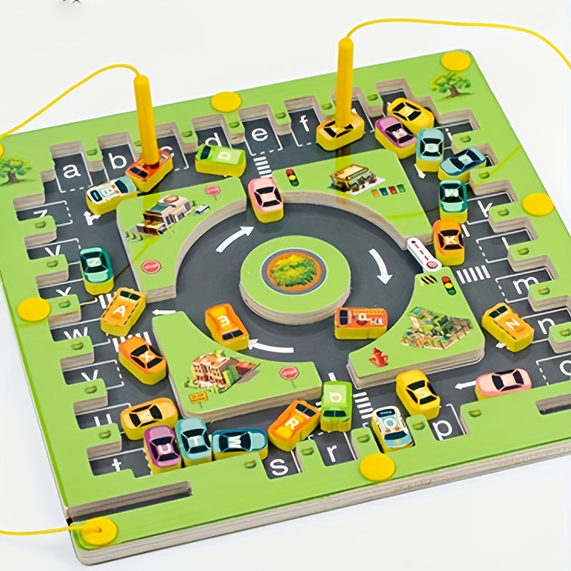 HighPeak MazeDrive™ magnetic parking puzzle board in green with colorful cars and dual stylus controls teaching letters and logic.