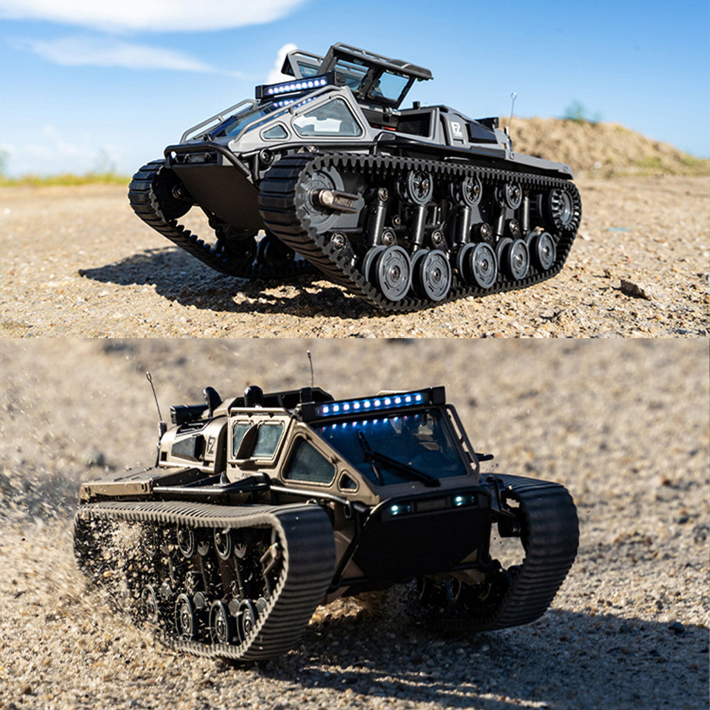 WarBeast RC Tank by HighPeak in black with tracked treads, LED lights, and alloy body on rocky terrain outdoors