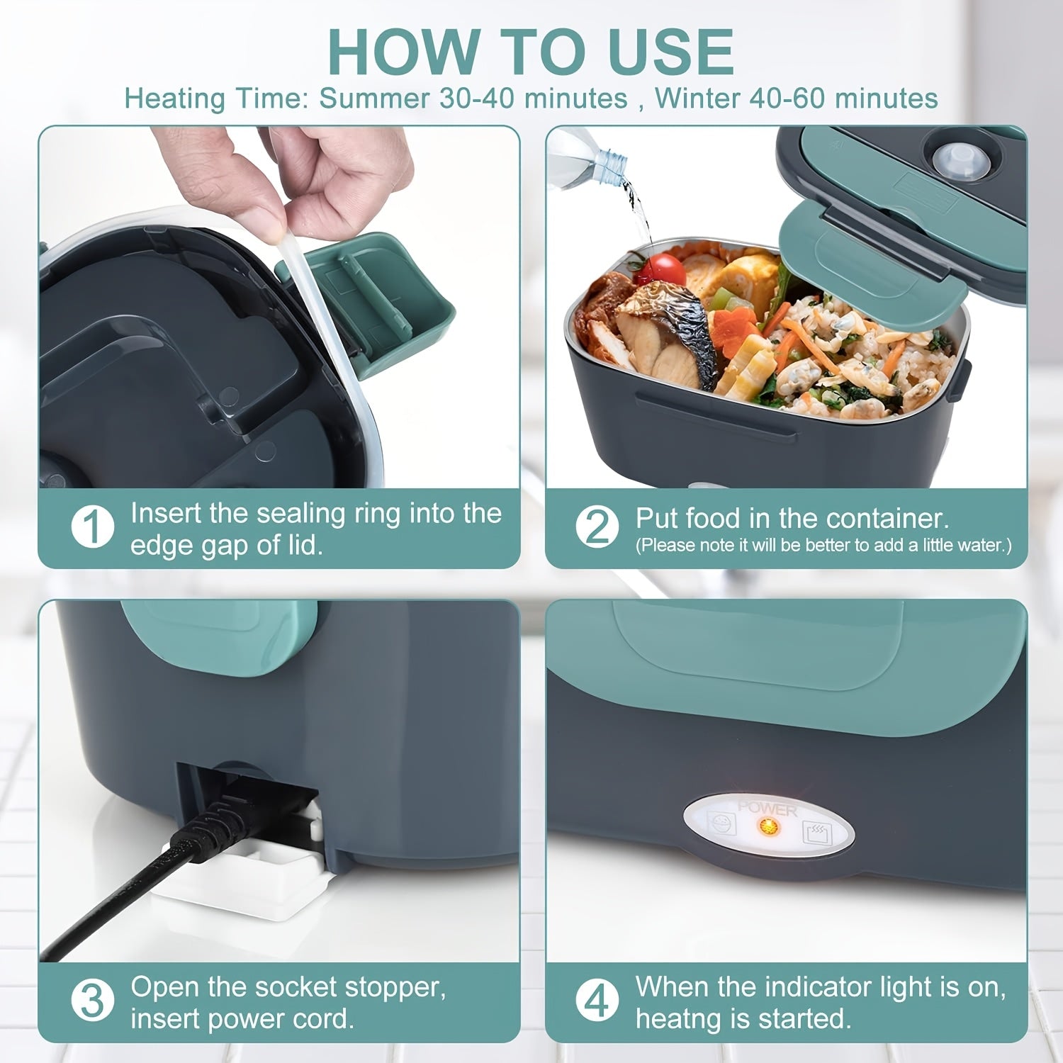 HeatMate™ electric lunch box in teal showing sealing ring, food inside, power cord plug, and heating indicator light on.