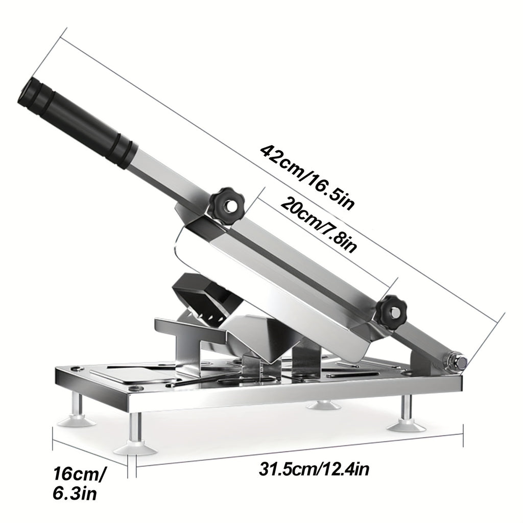 HighPeak Manual Meat Slicer in stainless steel showing dimensions with adjustable thickness dial and lever handle designed for precise slicing.