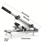 HighPeak Manual Meat Slicer in stainless steel showing dimensions with adjustable thickness dial and lever handle designed for precise slicing.
