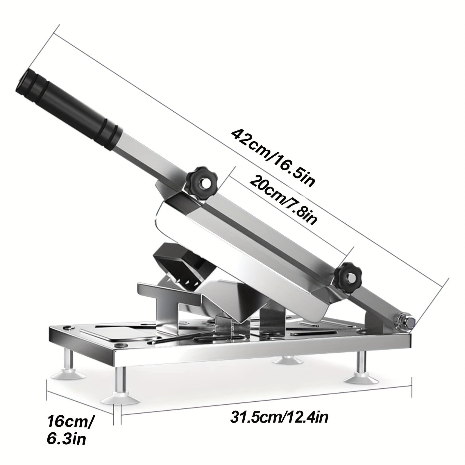 HighPeak Manual Meat Slicer in stainless steel showing dimensions with adjustable thickness dial and lever handle designed for precise slicing.