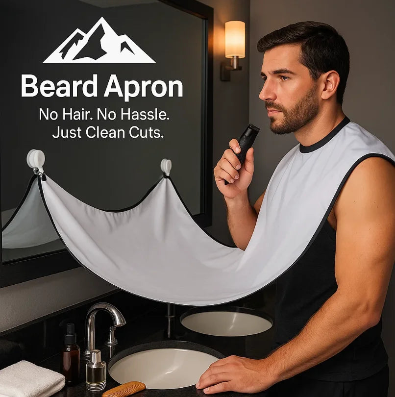 HighPeak Beard Apron in light gray catching beard hair with suction cups in a modern bathroom setting for clean grooming.