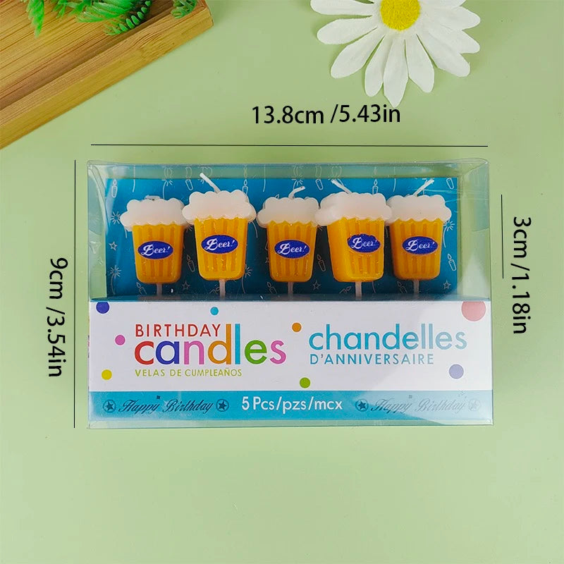 Beer Birthday Candles size guide showing a 13.8 by 9 cm package and five beer-glass candles labeled 3 cm high.