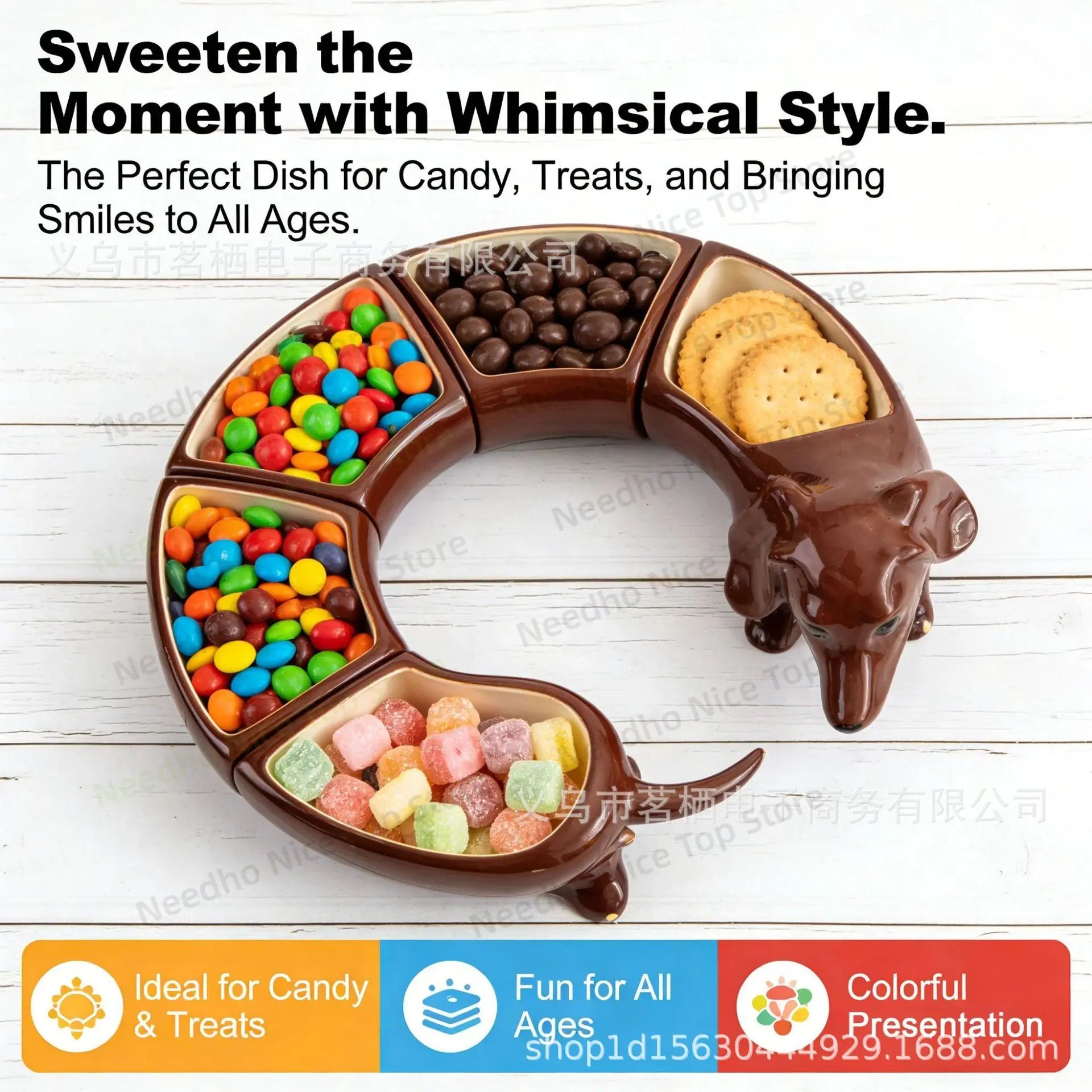 Bendy Dachshund Snack Tray curved and filled with colorful candy, chocolates, and crackers.