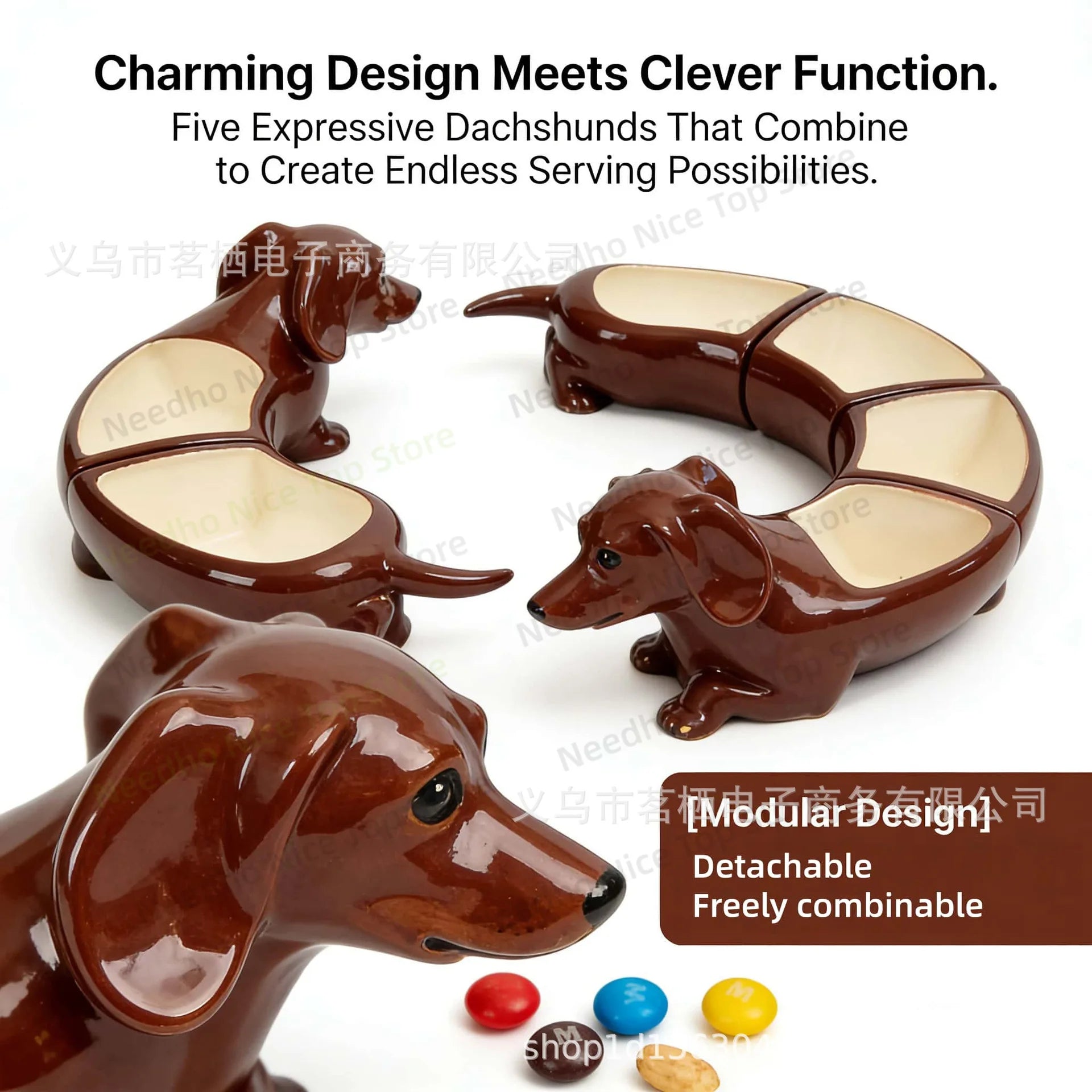 Bendy Dachshund Snack Tray shown as five detachable sections in multiple curved layouts.
