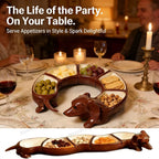 Bendy Dachshund Snack Tray filled with appetizers in curved and straight party arrangements.