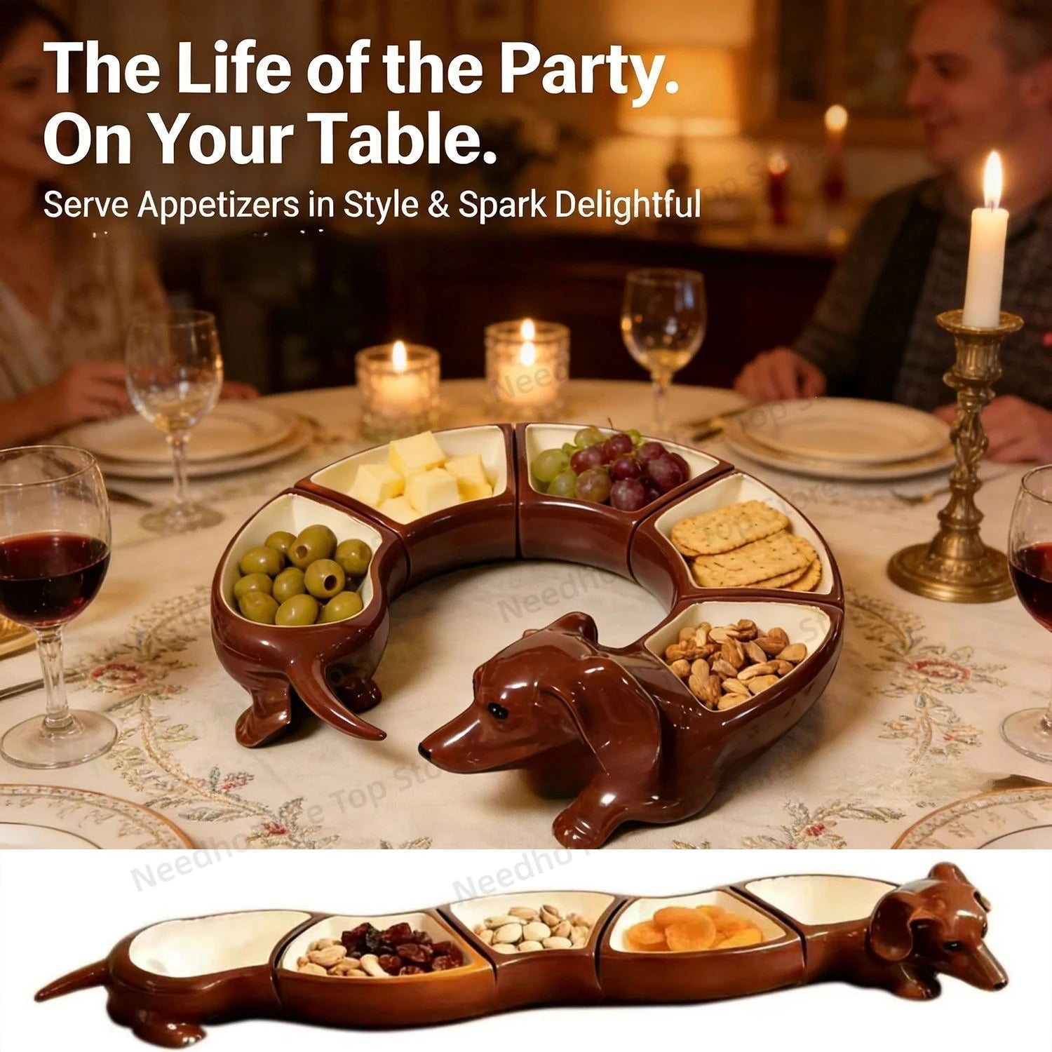 Bendy Dachshund Snack Tray filled with appetizers in curved and straight party arrangements.