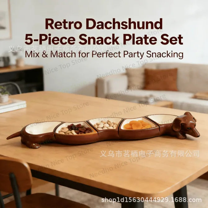 Bendy Dachshund Snack Tray lined up straight with snacks on a wooden dining table.