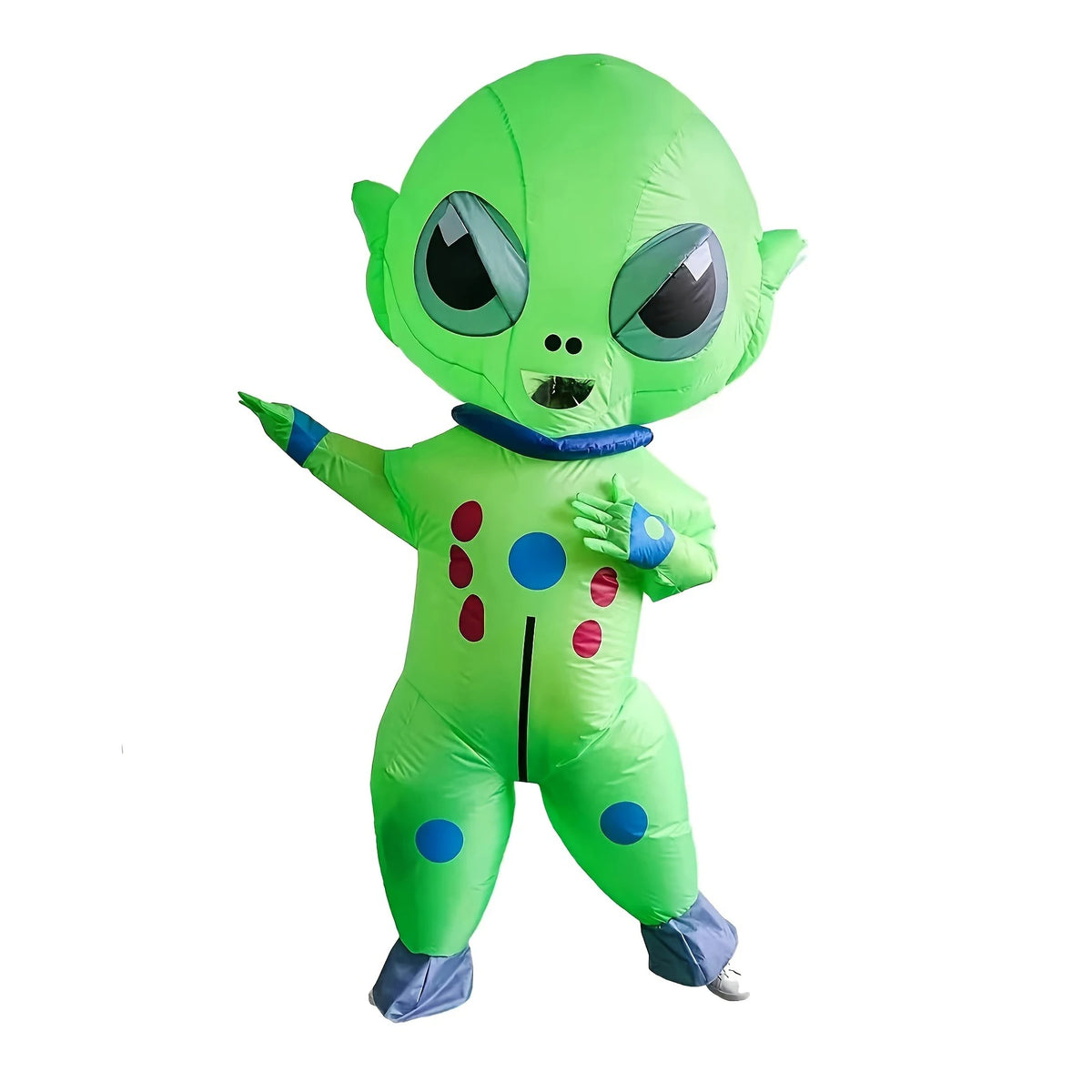 Big-Head Inflatable Alien Costume in green with oversized eyes and blue trim, shown full length on white.