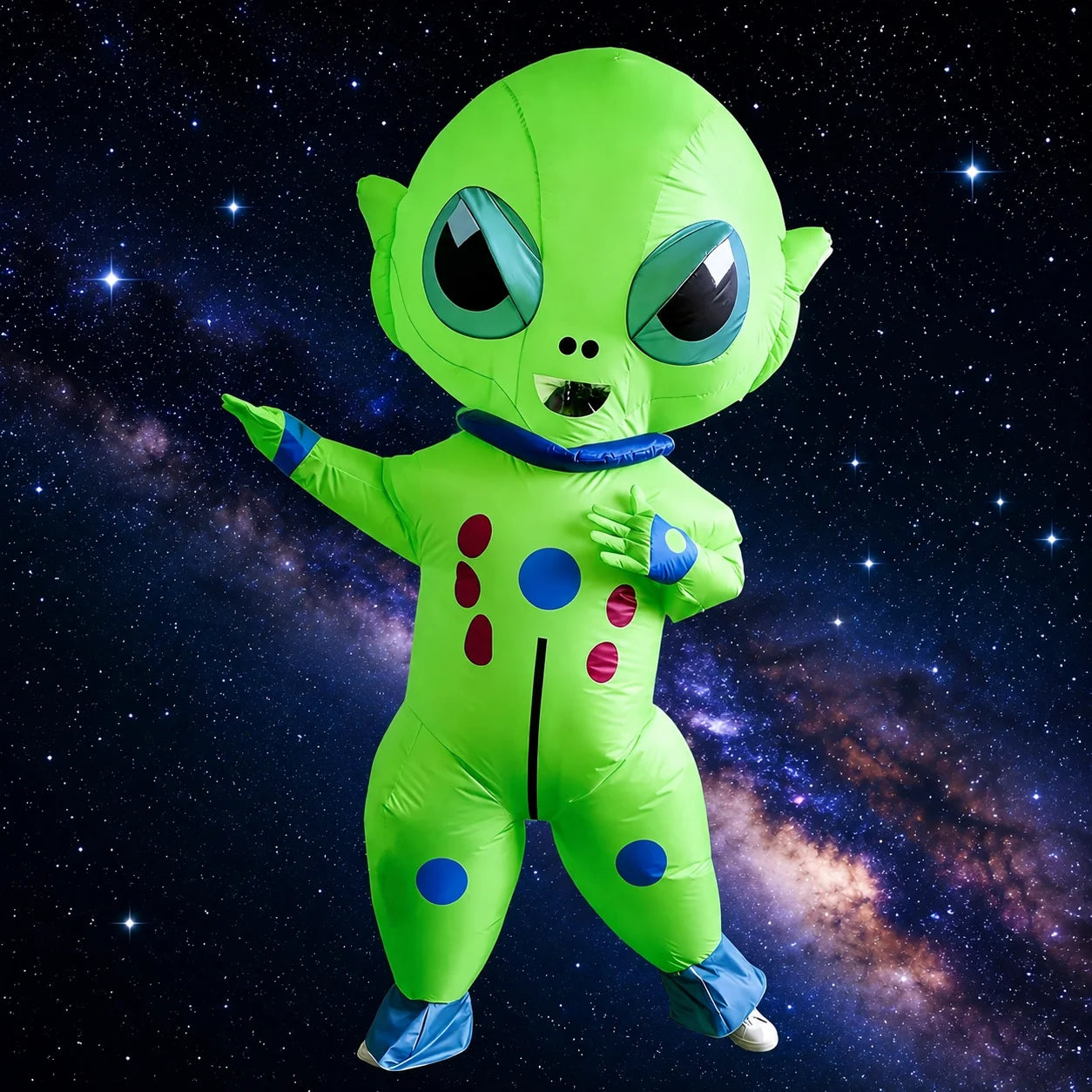 Big-Head Inflatable Alien Costume shown full length with one arm extended against a starry galaxy background.