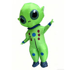 Big-Head Inflatable Alien Costume with head tilted and arms out, showing colored circles on a white background.
