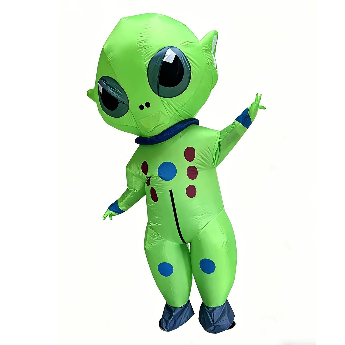 Big-Head Inflatable Alien Costume with head tilted and arms out, showing colored circles on a white background.