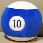 Billiard Ball Plush Set blue striped number 10 ball resting on a beige seat.